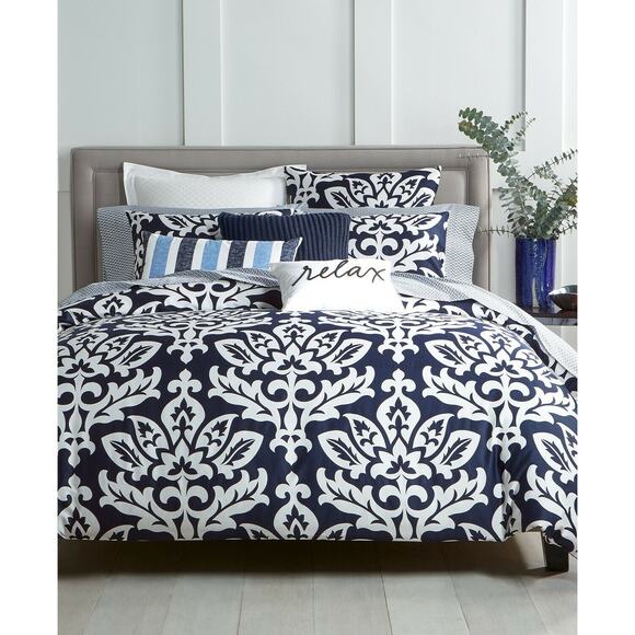Charter Club Damask Designs Cotton Navy 2-Piece COMFORTER Set Navy Twin NEW - Picture 1 of 13